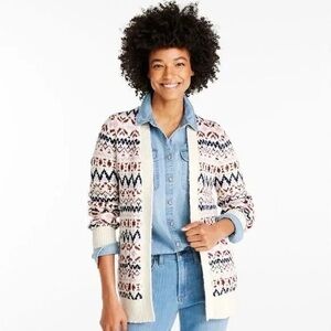 Ll Bean Cotton Ragg Sweater Open Cardigan Fair Isle Jacket Cream Size Large